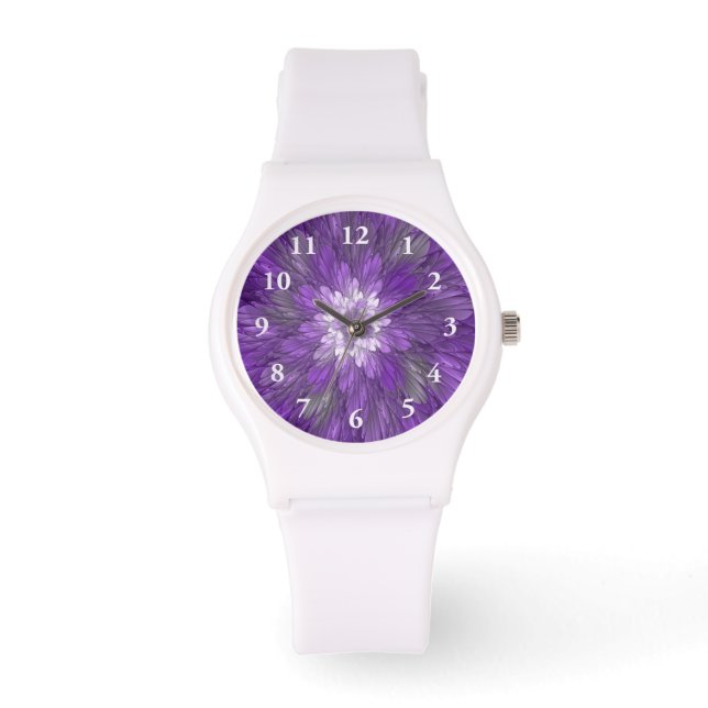 Psychedelisk lila blomma abstrakt fraktal konst armbandsur (Framsida)