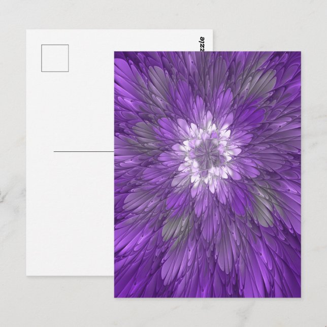 Psychedelisk lila blomma abstrakt fraktal konst vykort (Fram/baksida)