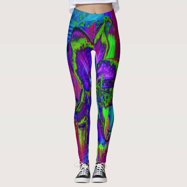 Psychedelisk lila och limegrön liljeblomma leggings (Framsida)