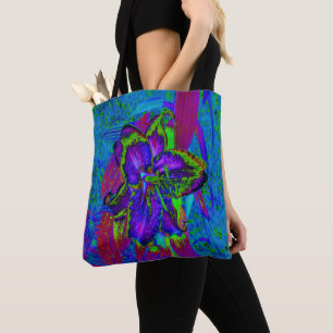 Psychedelisk lila och limegrön liljeblomma tygkasse