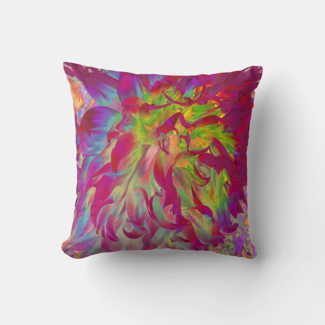 Psychedelisk Magenta och Gul Dahliablomma Kudde (Framsida)