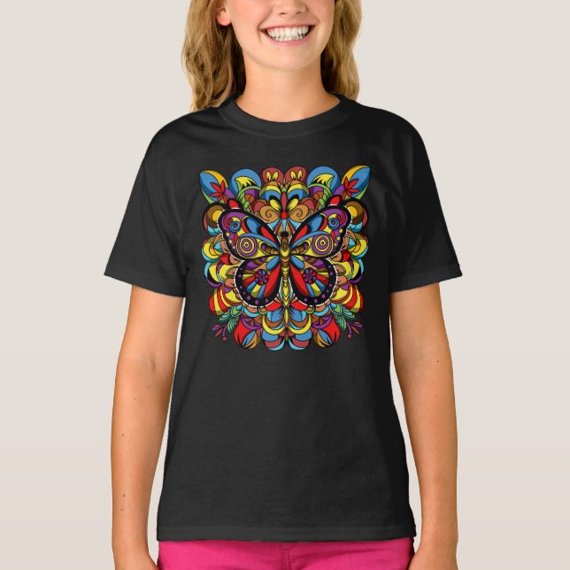 Psychedelisk Mandala Fjäril T Shirt (Framsida)