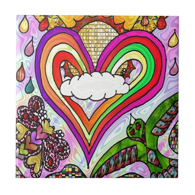 Psychedelisk regnbåge hjärta konsttryck kakelplatta (Framsidan)