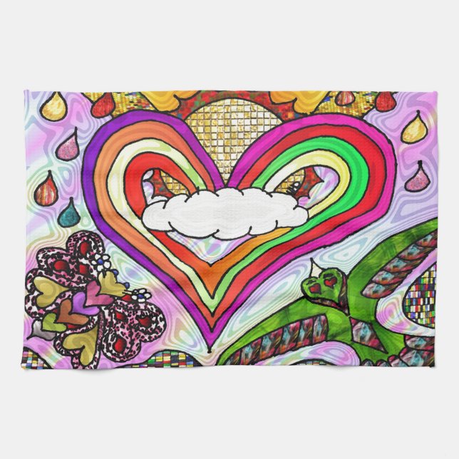 Psychedelisk regnbåge hjärta konsttryck kökshandduk (Horisontell)