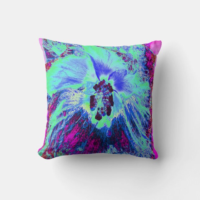 Psychedelisk Retro Grön och Blå Hibiskusblomma Kudde (Framsida)