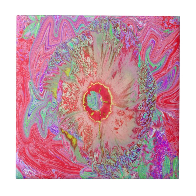 Psychedelisk Retro Korall Regnbåge Hibiskus Kakelplatta (Framsidan)