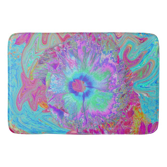Psychedelisk Retro Regnbåge Blå Hibiskus Badrumsmatta (Framsidan)