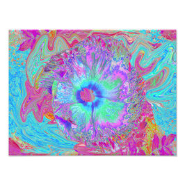Psychedelisk Retro Regnbåge Blå Hibiskus Fototryck