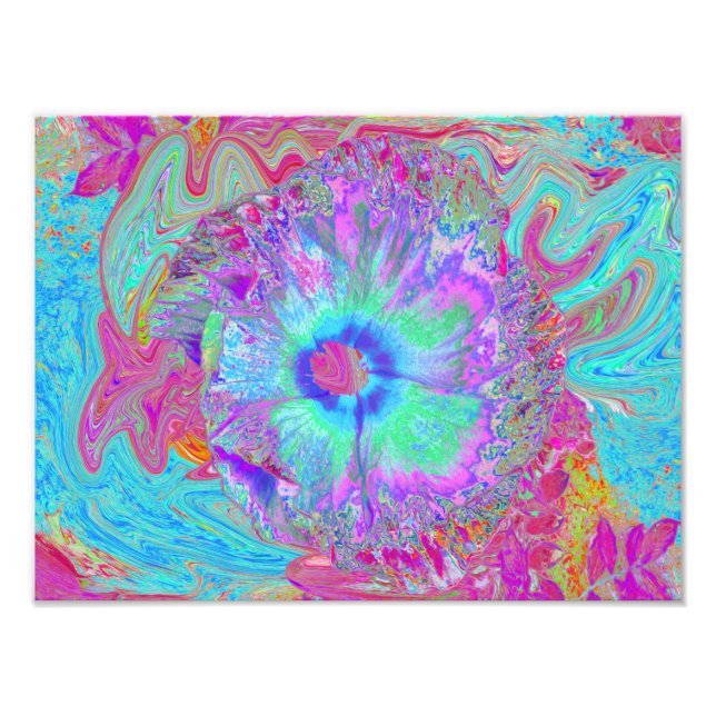 Psychedelisk Retro Regnbåge Blå Hibiskus Fototryck (Framsidan)