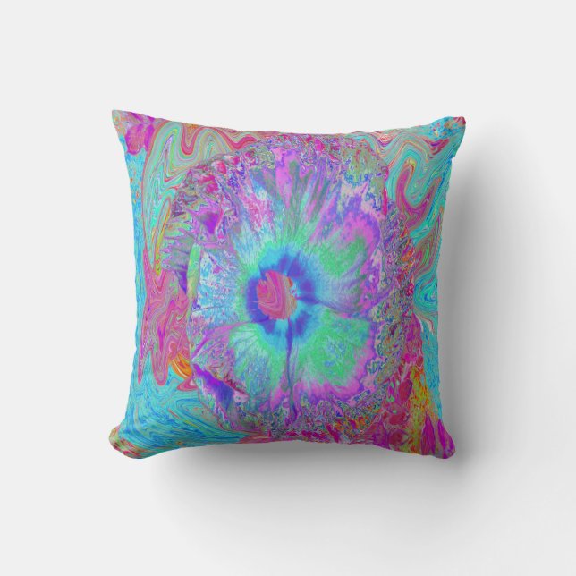 Psychedelisk Retro Regnbåge Blå Hibiskus Kudde (Framsida)