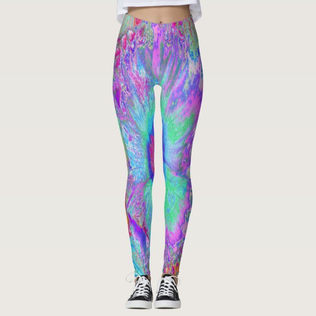Psychedelisk Retro Regnbåge Blå Hibiskus Leggings (Framsida)