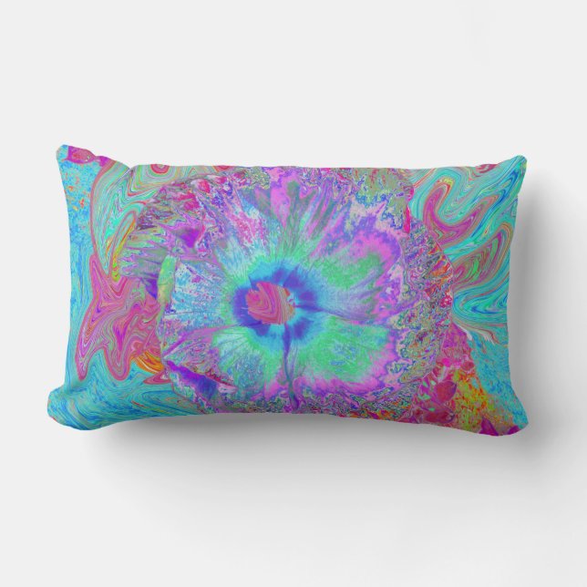 Psychedelisk Retro Regnbåge Blå Hibiskus Lumbarkudde (Framsida)