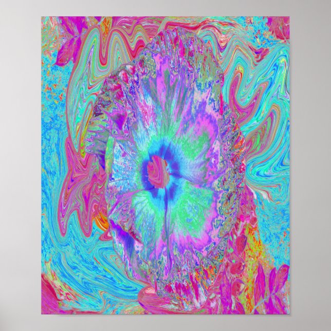Psychedelisk Retro Regnbåge Blå Hibiskus Poster (Framsidan)