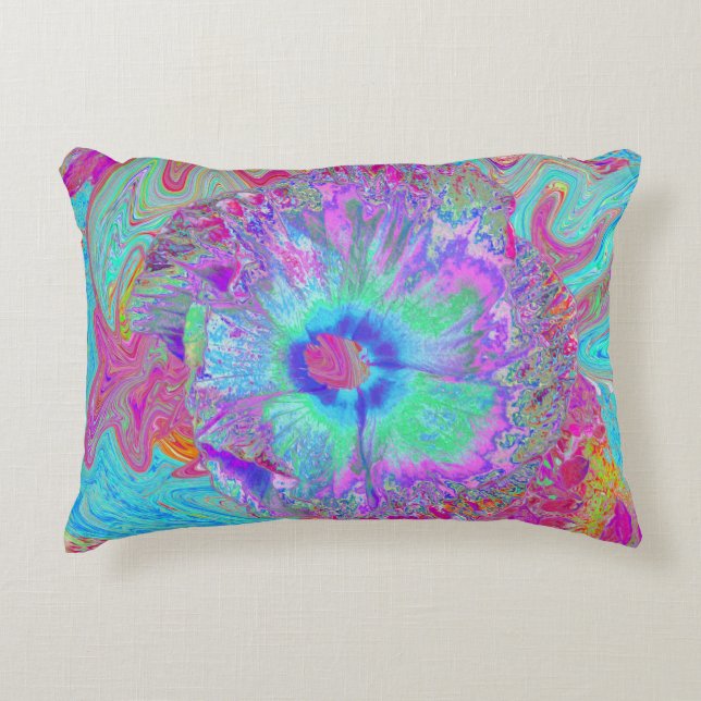 Psychedelisk Retro Regnbåge Blå Hibiskus Prydnadskudde (Framsidan)