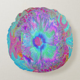 Psychedelisk Retro Regnbåge Blå Hibiskus Rund Kudde