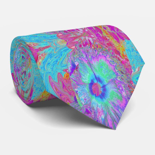 Psychedelisk Retro Regnbåge Blå Hibiskus Slips (Rullad)