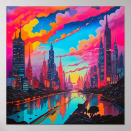 Psychedelisk Rosa Blå Stad Landskap Poster