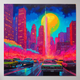 Psychedelisk Rosa Blå Stadssiluett Poster