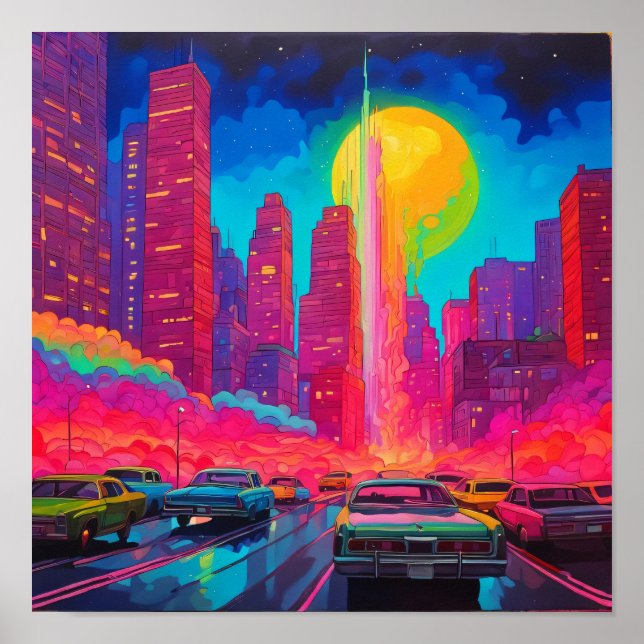 Psychedelisk Rosa Blå Stadssiluett  Poster (Framsidan)