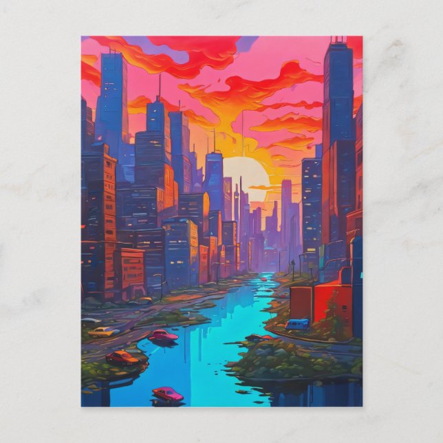 Psychedelisk rosa stadsbild med flod  vykort (Framsida)