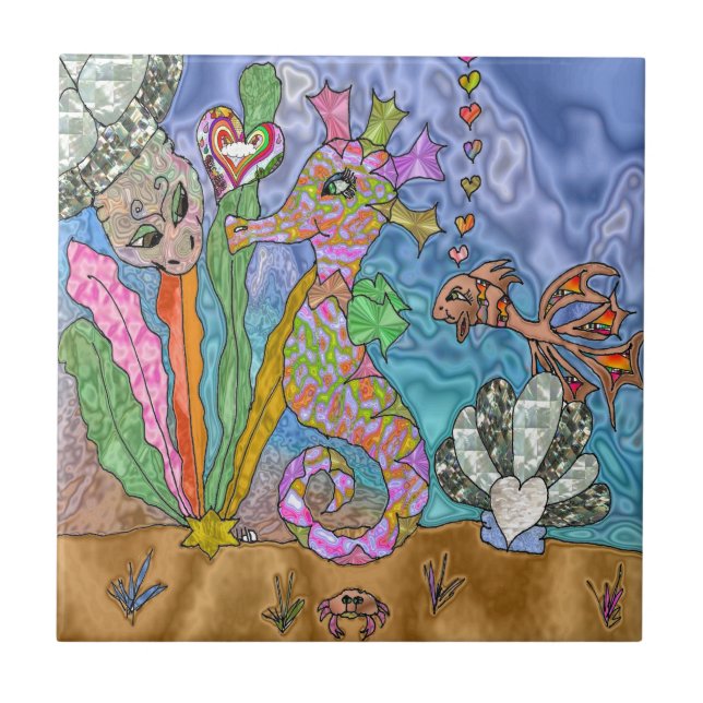 Psychedelisk sjöhästsjösköldpadds konst kakelplatta (Framsidan)