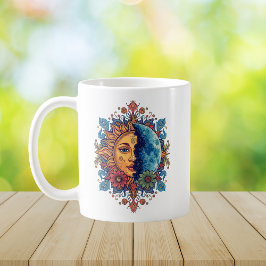 Psychedelisk sol och måne Boho blommig konst Kaffemugg