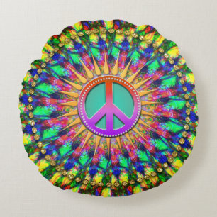 Psychedelisk solsken Groovy fredsenergi dekoration Rund Kudde