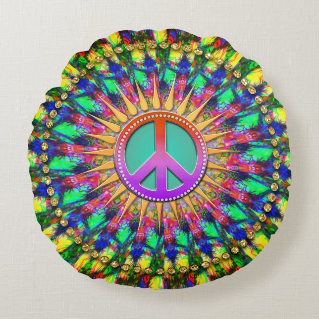 Psychedelisk solsken Groovy fredsenergi dekoration Rund Kudde (Framsidan)