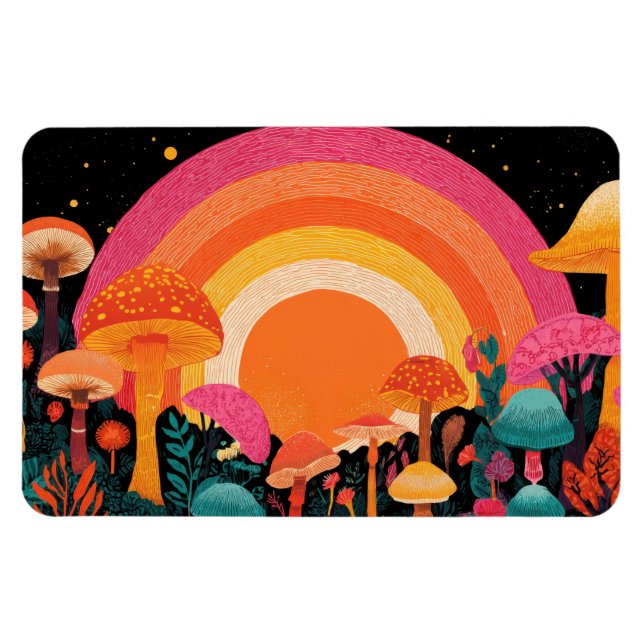 Psychedelisk Svamp Solnedgång – Retro Fantasy Natu Magnet (Horisontell)