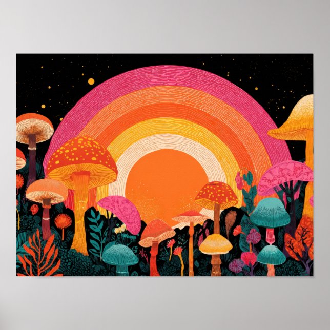 Psychedelisk Svamp Solnedgång – Retro Fantasy Natu Poster (Framsidan)