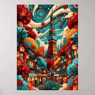 Psychedelisk Tokyosk stadsbild med Tokyo Tower Poster