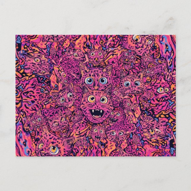 Psychedelisk trippig katt i levande neon vykort (Framsida)