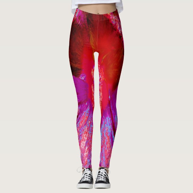 Psychedelisk Trippig Retro Röd Hibiskusblomma Leggings (Framsida)