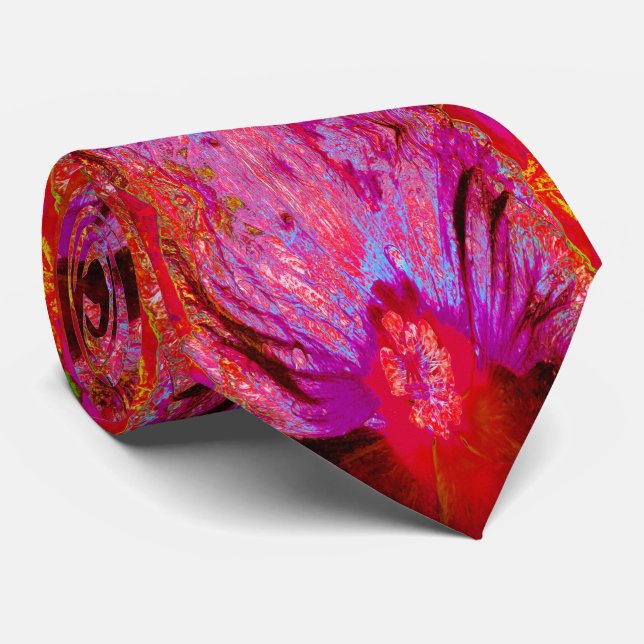 Psychedelisk Trippig Retro Röd Hibiskusblomma Slips (Rullad)