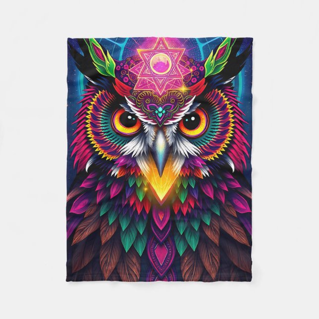 Psychedelisk Uggla: Neon Mandala Konst Fleecefilt (Framsidan)