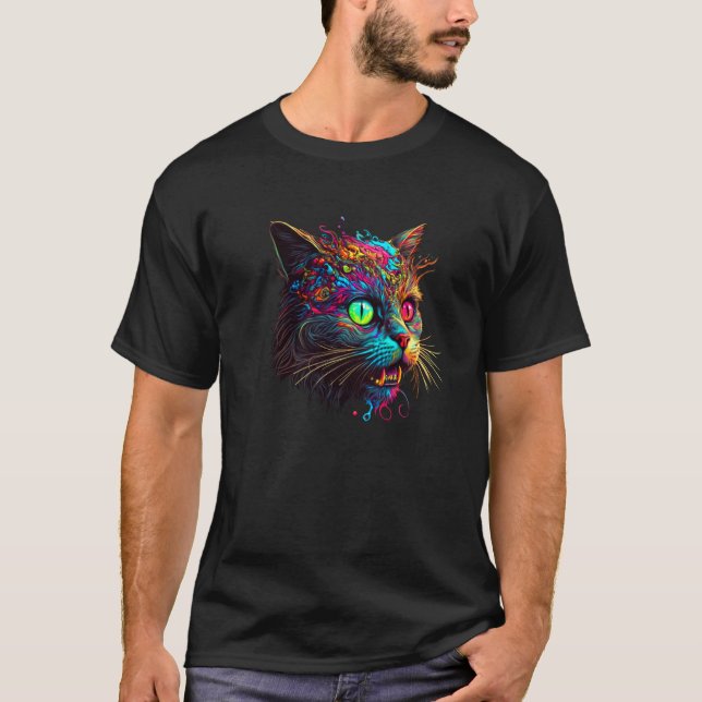 Psychedelisk Zombie Katt Målad Katt med Fläckar T Shirt (Framsida)