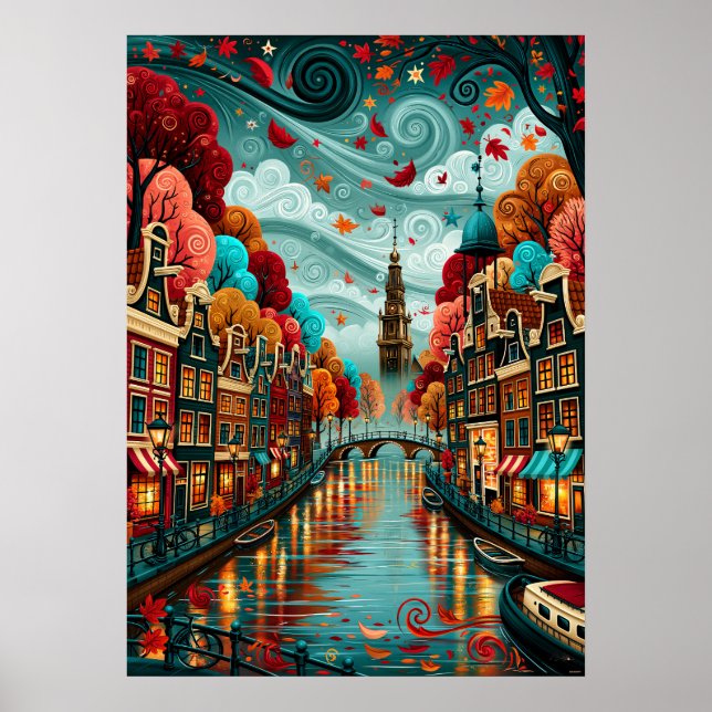 Psychedeliska Amsterdam kanaler stadslandskap Poster (Framsidan)
