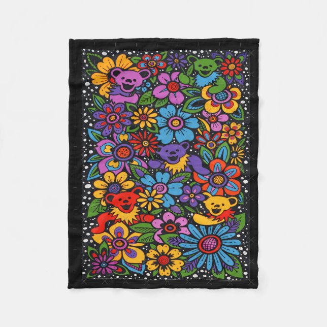 Psychedeliska blommor Dansande björnar Färggranna  Fleecefilt (Framsidan)