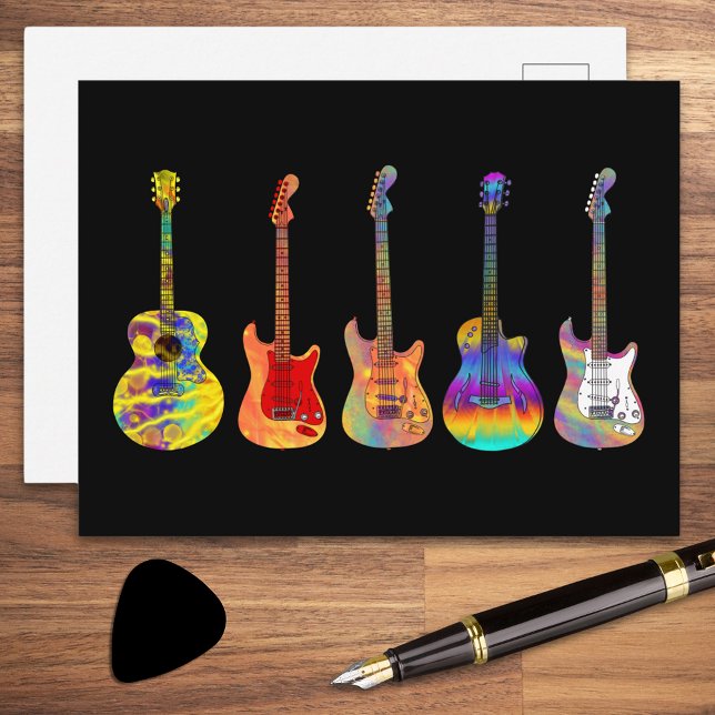 Psychedeliska Elektriska Akustiska Gitarrer Vykort (Colorful psychedelic guitars on black postcard)