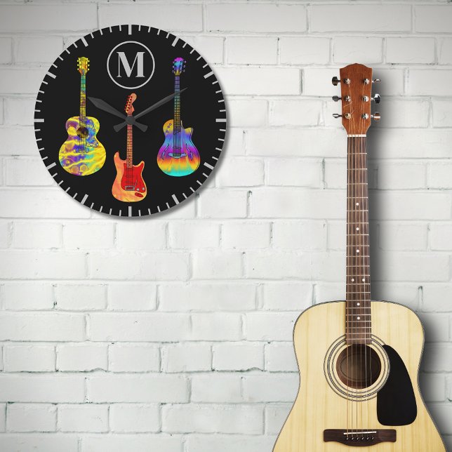 Psychedeliska Funkiga Gitarrer Stor Klocka (Cool colorful guitar black monogram modern wall clock for guitarist and musicians )