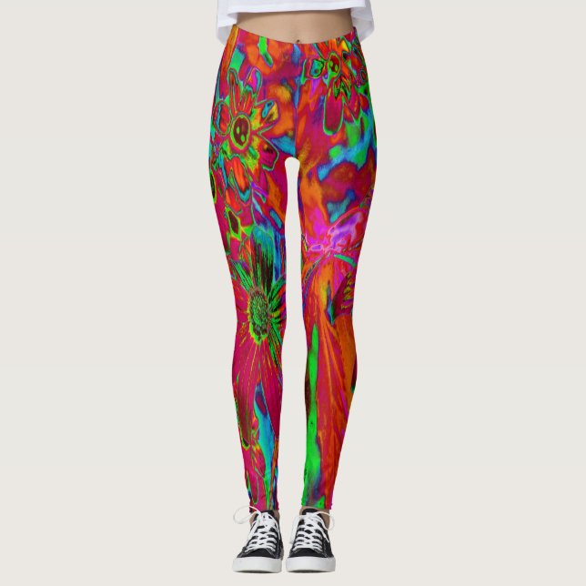 Psychedeliska Groovy Röda och Gröna Vildblommor Leggings (Framsida)