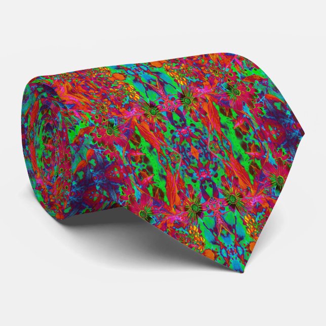 Psychedeliska Groovy Röda och Gröna Vildblommor Slips (Rullad)