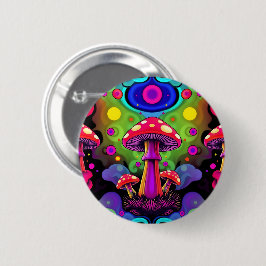 Psychedeliska livfulla färgglada retro svampar knapp