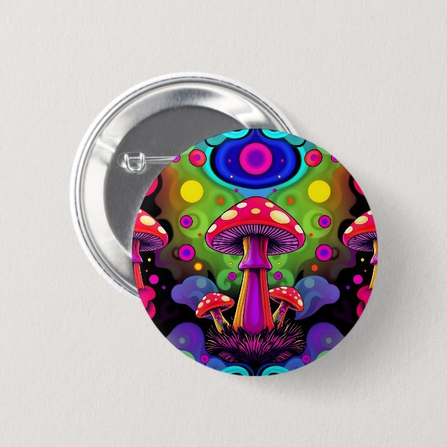 Psychedeliska livfulla färgglada retro svampar knapp (Framsida & baksida)