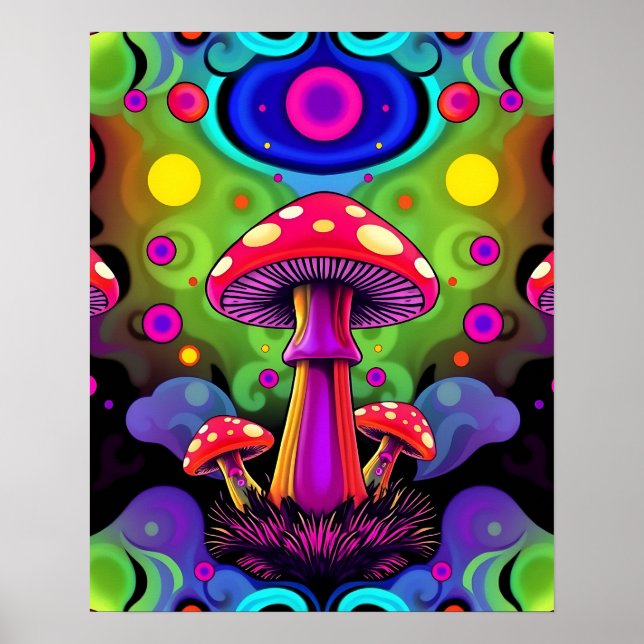 Psychedeliska livfulla färgglada retro svampar poster (Framsidan)