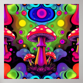 Psychedeliska livfulla färgglada retro svampar poster