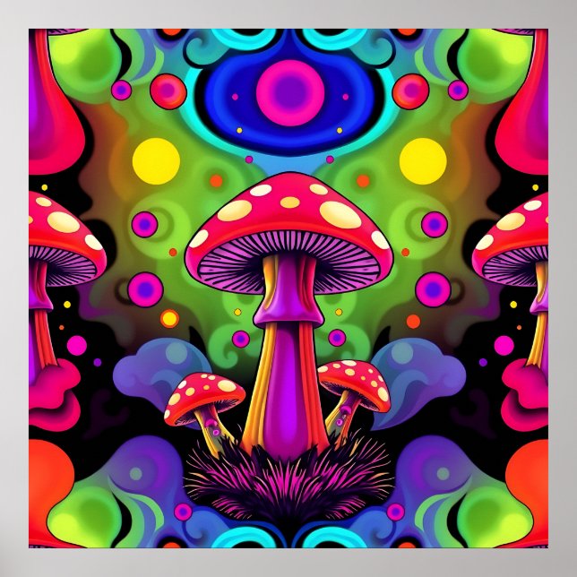 Psychedeliska livfulla färgglada retro svampar poster (Framsidan)