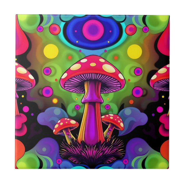 Psychedeliska Livfulla Färgrika Retro Svampar Kakelplatta (Framsidan)