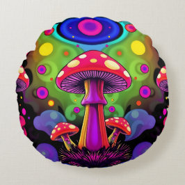 Psychedeliska livfulla färgrika retro svampar rund kudde