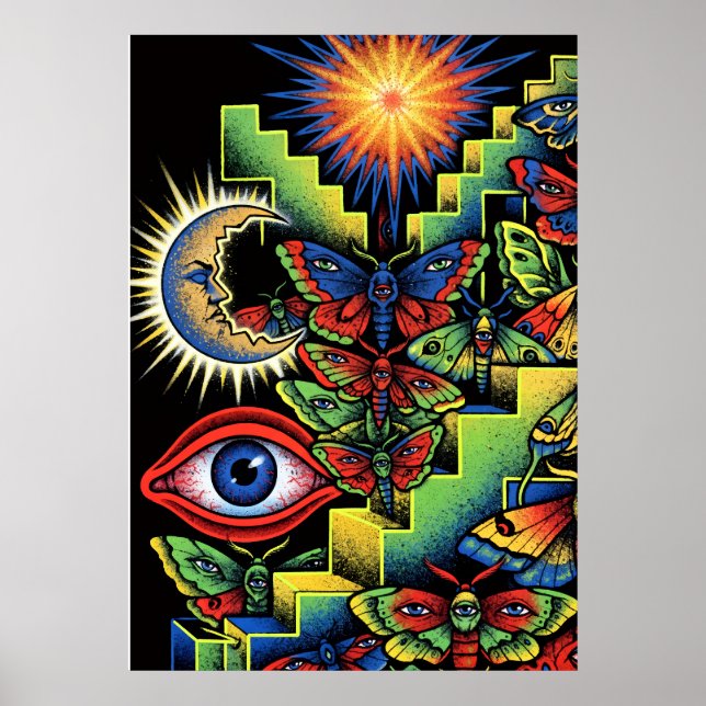 Psychedeliska Malmögon Sol Måne Surrealistisk Kons Poster (Framsidan)